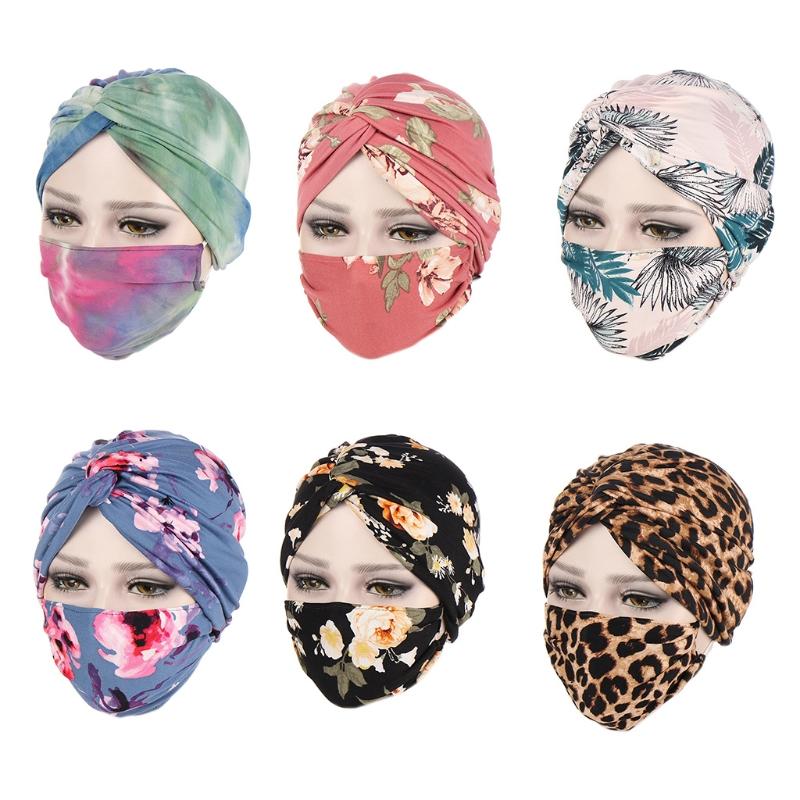 Floral Muslim Turban Hat + Mask Set Sleeping Hat Chemo Hat Wrap Turban for Sun for Protection Light Breathable for Head