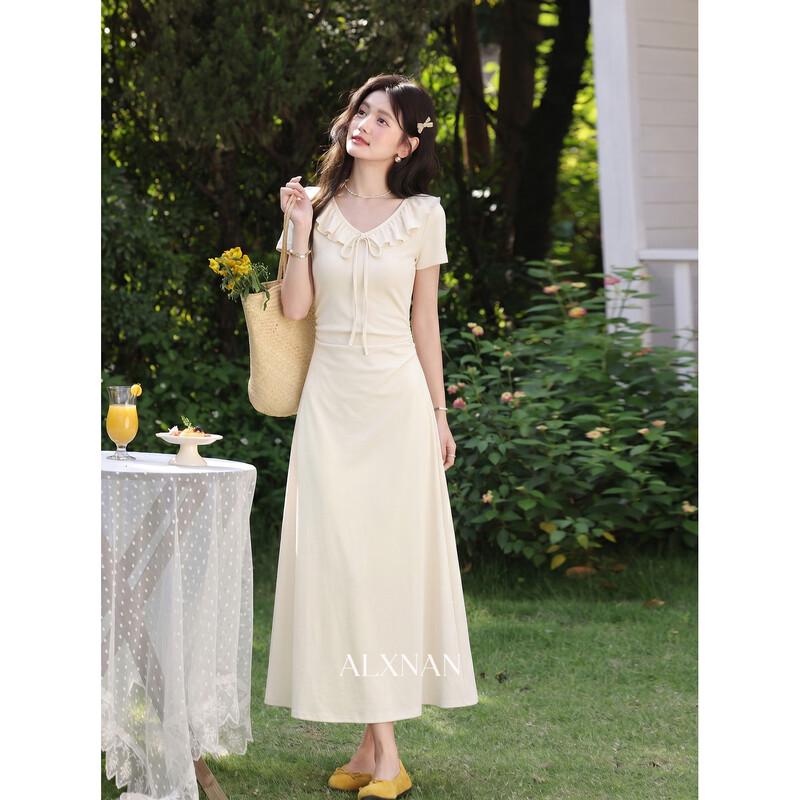 Elegant Ruffle V-Neck A-Line Maxi Dress S абрикосовый