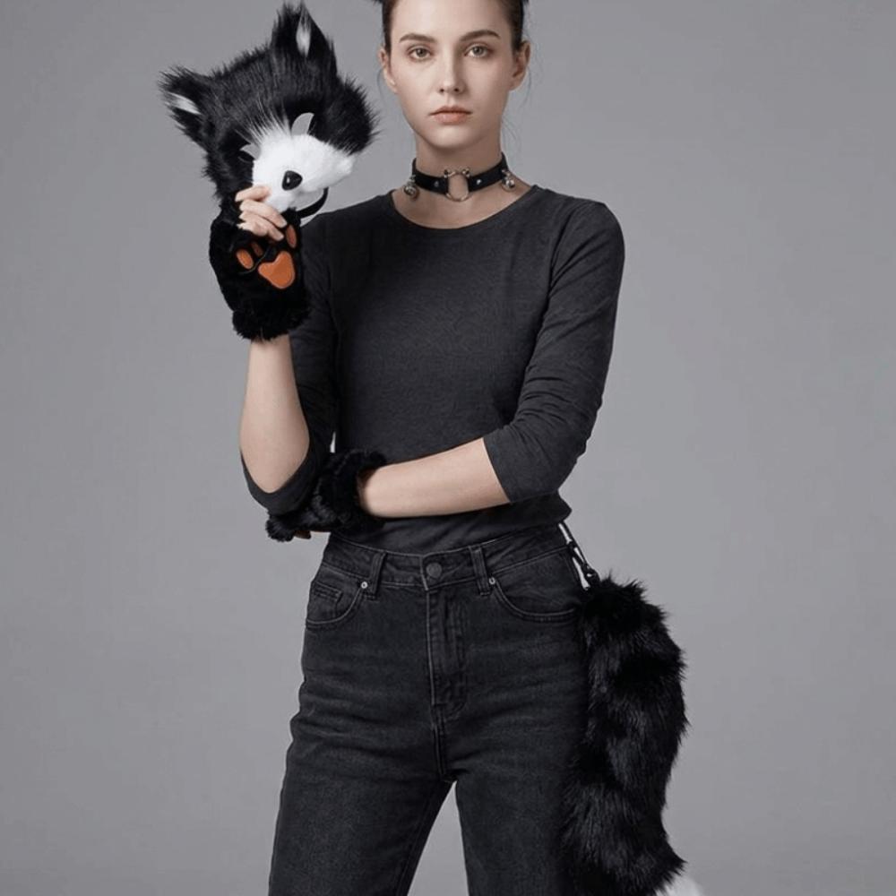 Funny Animal Costume Set Polyester Tail Mask Paw Gloves Full Set Plush Cosplay Mask Masquerade