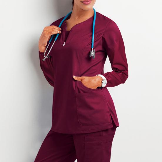 Nurse Uniform Top with 4 Pockets Zipper Half Placket Long Sleeve Side Slit