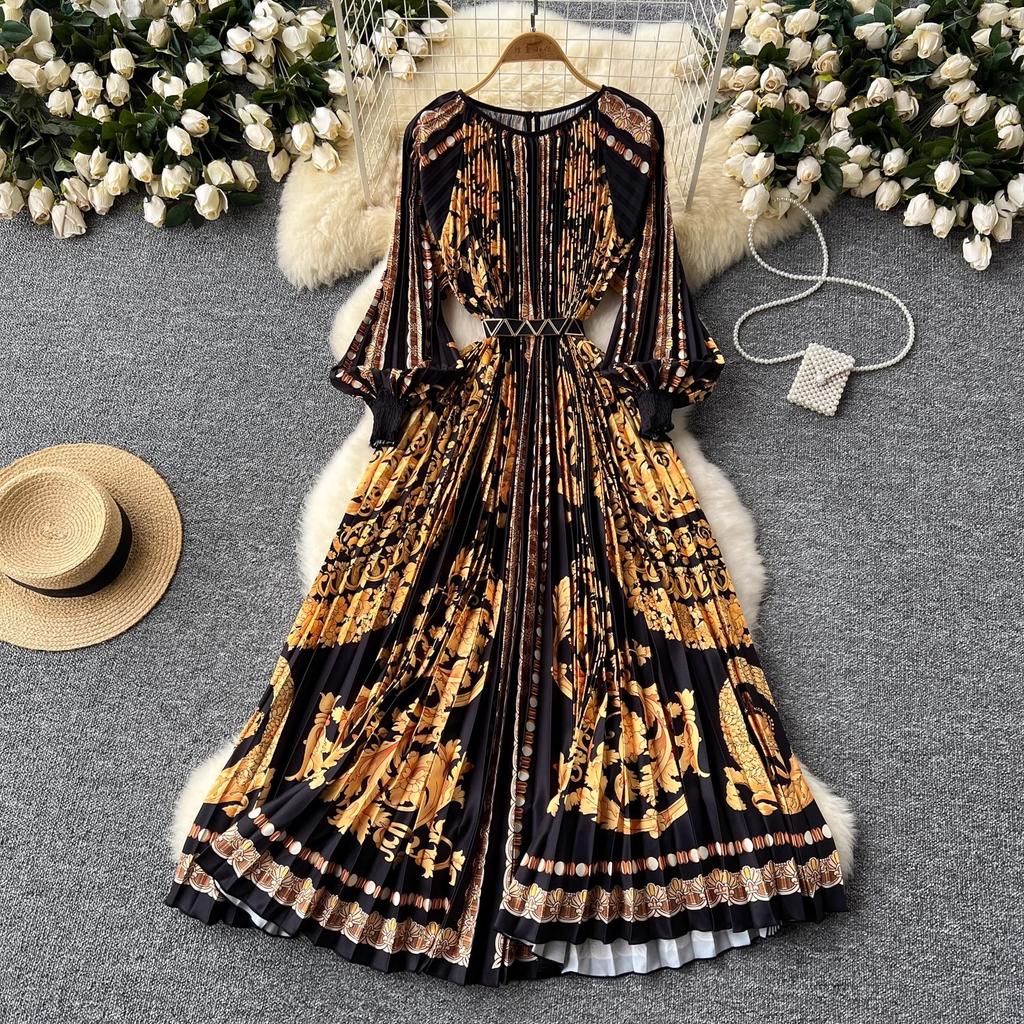Outono Plissado Lindo Estampa Floral Vestido Longo de Férias Feminino Gola Redonda Manga Lanterna Cinto Elástico Alto Roupas Longas