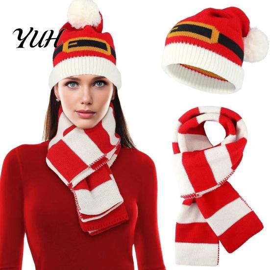 Outdoor Hiking And Travel Wear Christmas Hat Scarf Gloves Set, Knitted Xmas Elf with Jingle Bells, Three Piece Winter Set Pompom Warm for Adults,