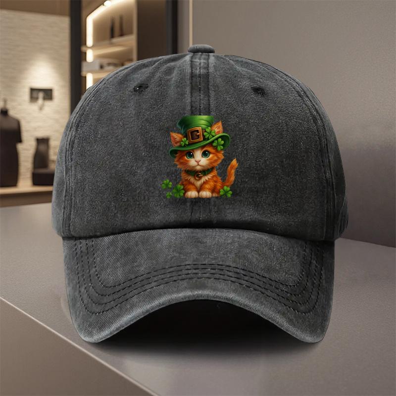 Kitten with Clover Hat Baseball Cap St Patricks Day Adjustable Polyester Casual Hat Unisex