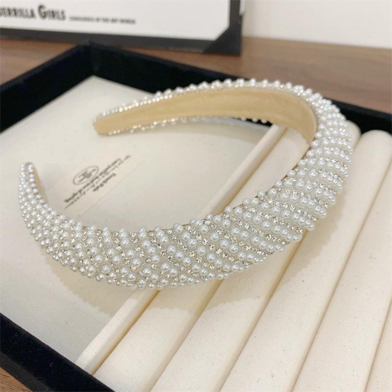 Baroque Vintage Pearl Glass Beads Bow Headband Fashion Hairbands Full Rhinestone Sponge Hair Band Hair Accessories