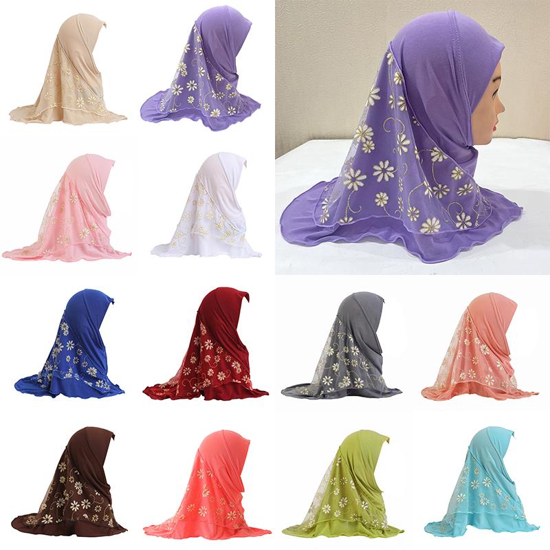1Pc Headscarf with Flower Girls Hijab Scarf Beautiful Ice Silk Kids Solid Color Children Headwear Muslim