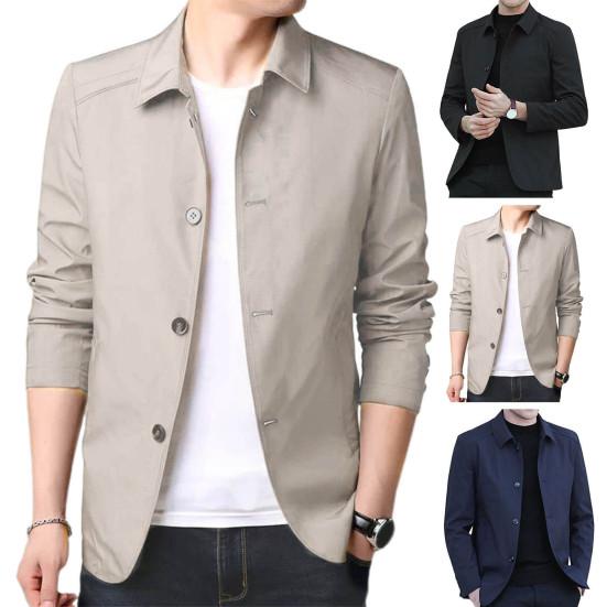 Fall Spring Men Coat Turn-down Collar Solid Color Long Sleeve Single-breasted Cardigan Smooth Formal Business Style Men Mid Length Jacket