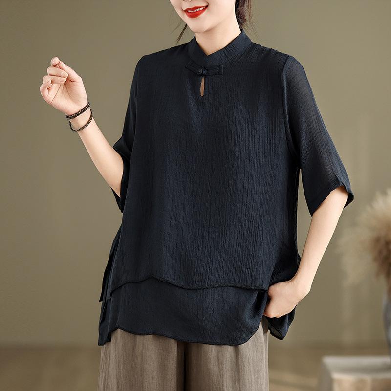 

Летняя хлопково-конопляная черно-белая простая толстовка с воротником-стойкой и пуговицами-панами, двухслойная рубашка-топ для женщин 2XL чёрный