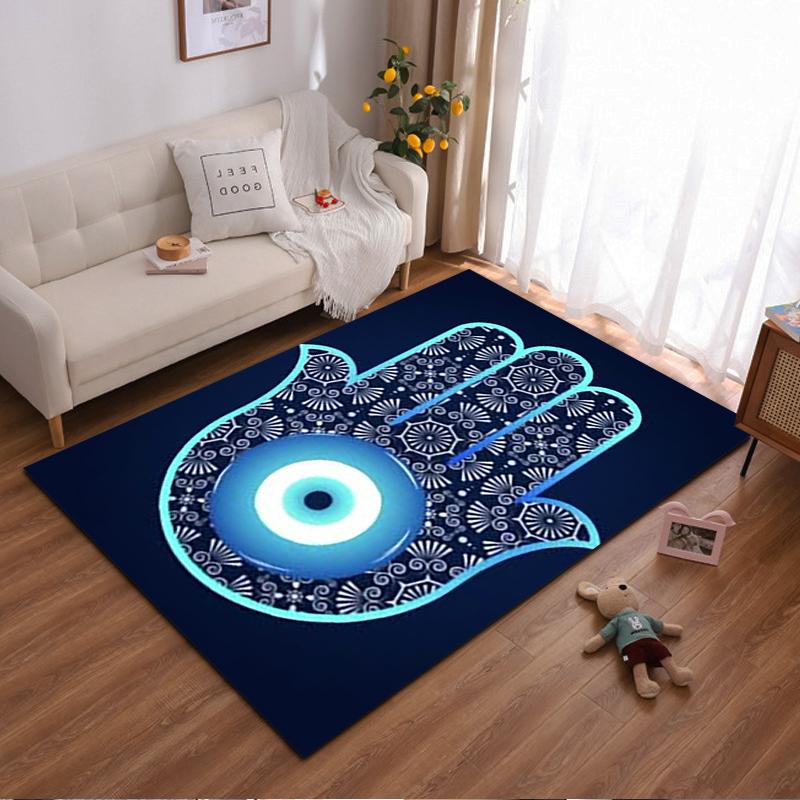 Blue Hamsa Evil Eye Pattern Carpet with Intricate Floral Design Suitable for Use As an Anti-slip for Living Room Bedroom Sofas