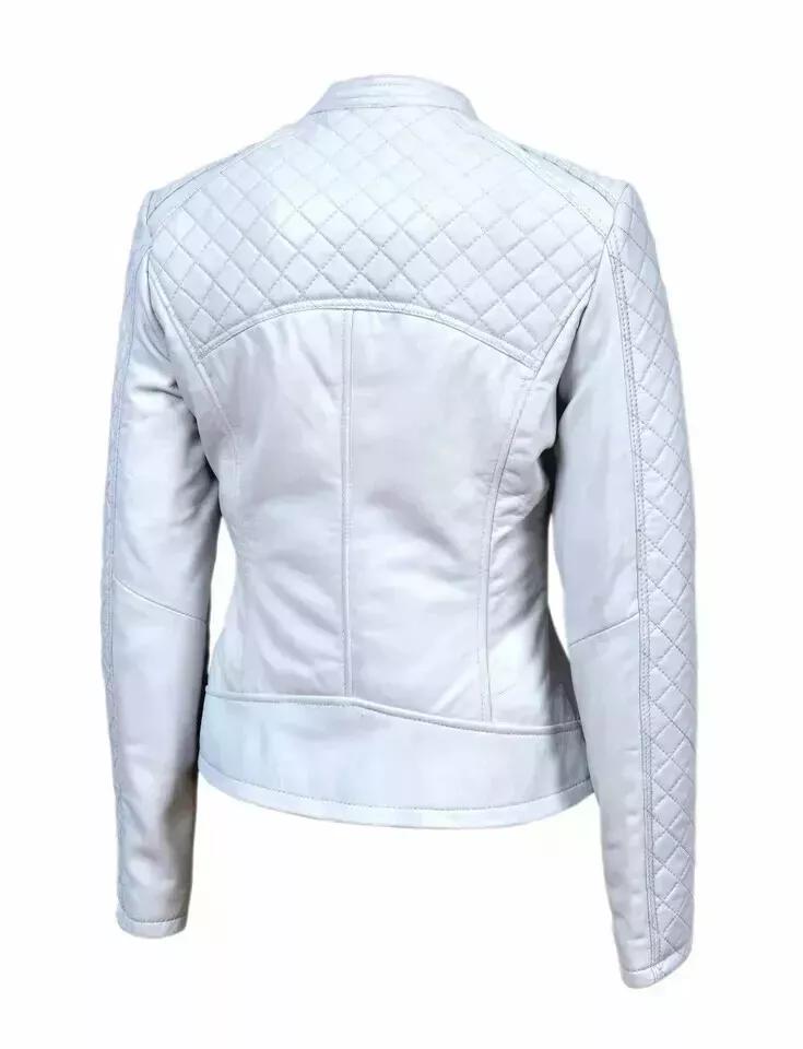 New Women White Jacket Genuine Lambskin Leather Handmade Stylish Biker Motorcycle