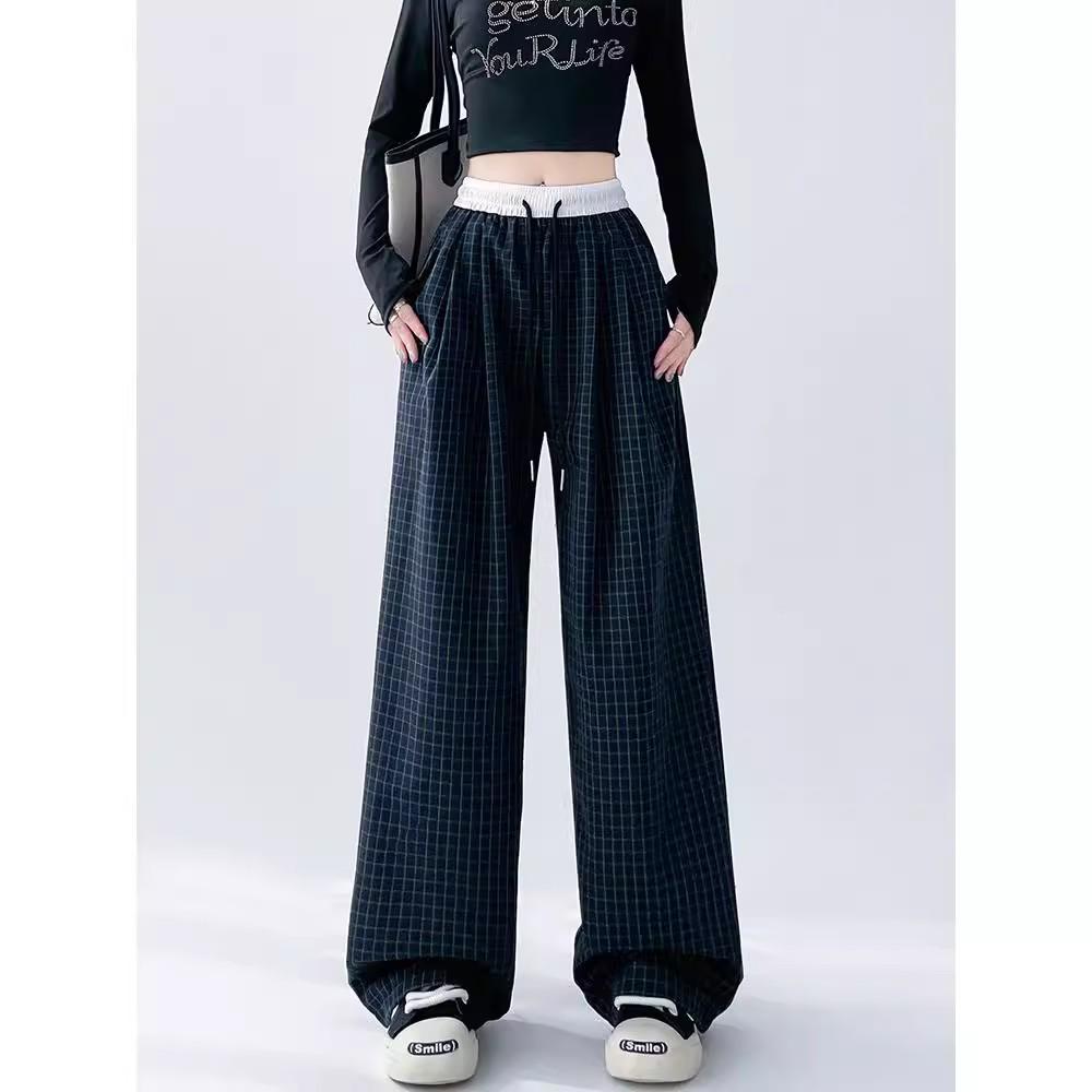 

Женские брюки с высокой посадкой, цветным блоком и клеткой, с широкими штанинами, для весны/осени - Свободный крой, Индивидуальная длина, Прямые штанины, Повседневный стиль Small темно-синий