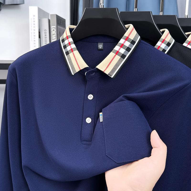 Wovey Heren Poloshirt Herfstkleur Contrast Kraag Lange Mouwen T-shirt Mode Zakelijk Vrije Tijd Herenkleding 4XL marineblauwe kleur