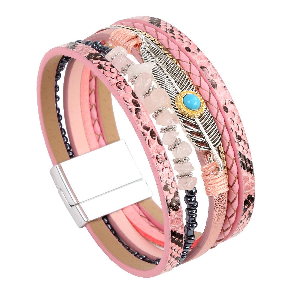 Korean Style Leather Bracelet with Feather & Turquoise for Women & Men