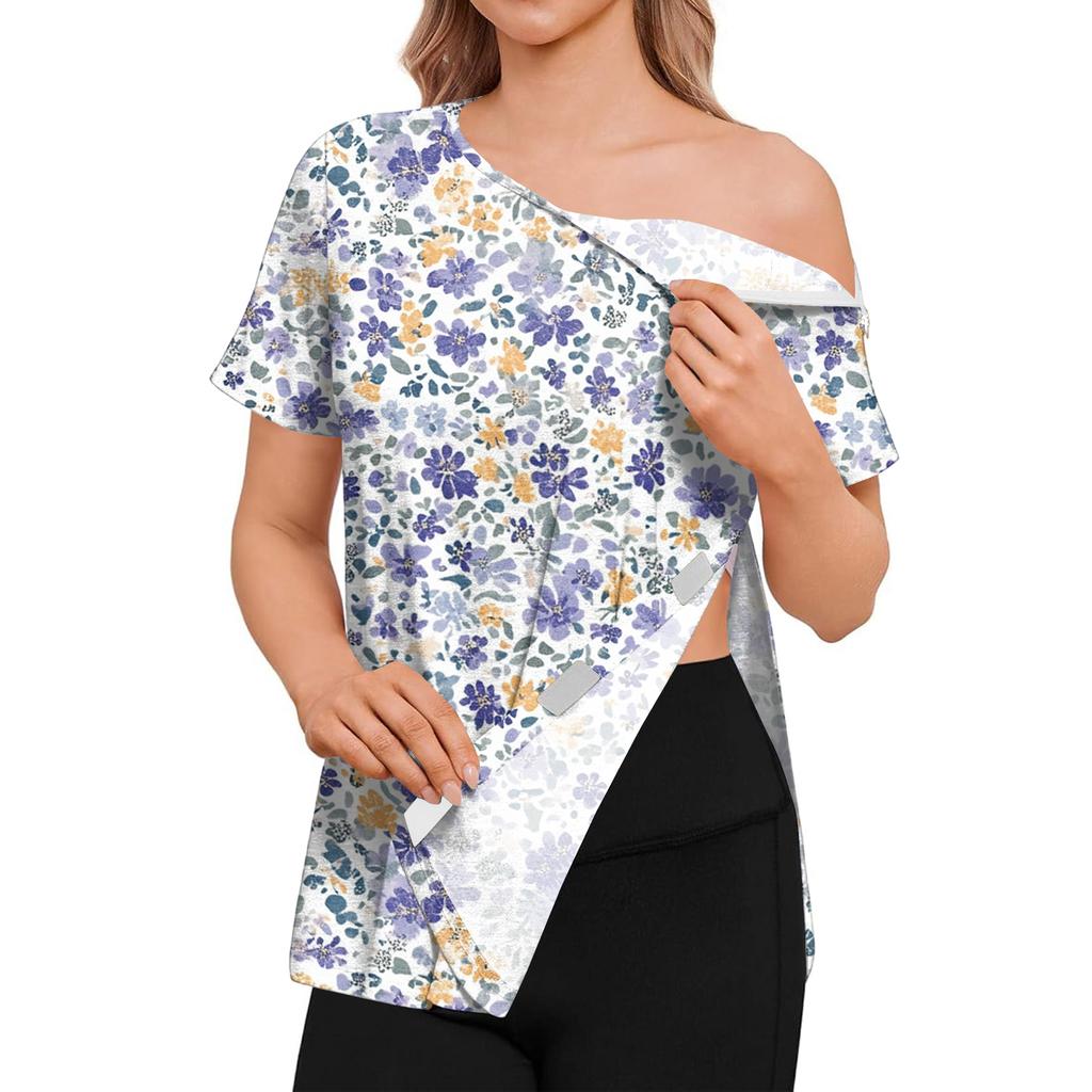 Women Postoperative Short Sleeve Floral Print Shirt with Shoulder Zipper and Side Hook and Loop Closure for Easy Dressing Comfort