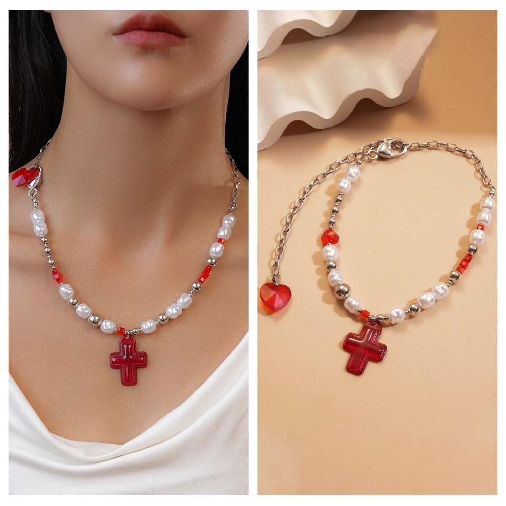 Rhinestone Cross Necklace Love Heart Crystal Cross Pendant Streetwear Cross Choker Chain Party