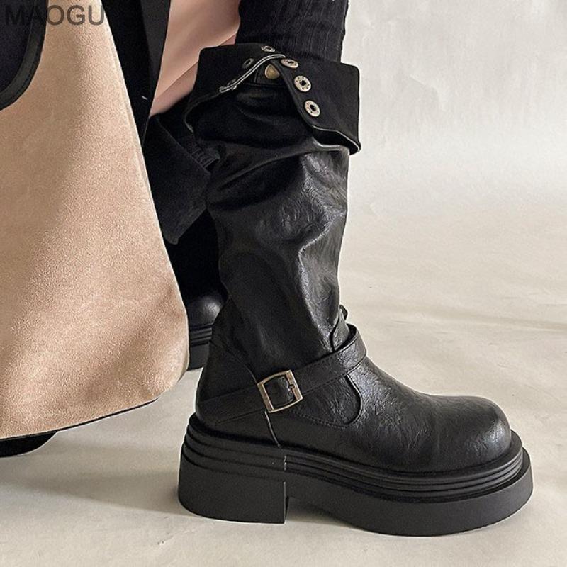 2026 Stivali Lunghi Marroni Western da Cowgirl per Donna Pieghettati Indossabili in Due Modi Al Ginocchio Scarpe in Pelle Stivali da Equitazione con Plateau per Donna