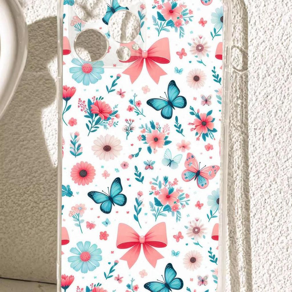Blue Butterfly Flower Cluster Anti-Fall Transparent Case for iPhone 14/15/16/17 Pro Max Series