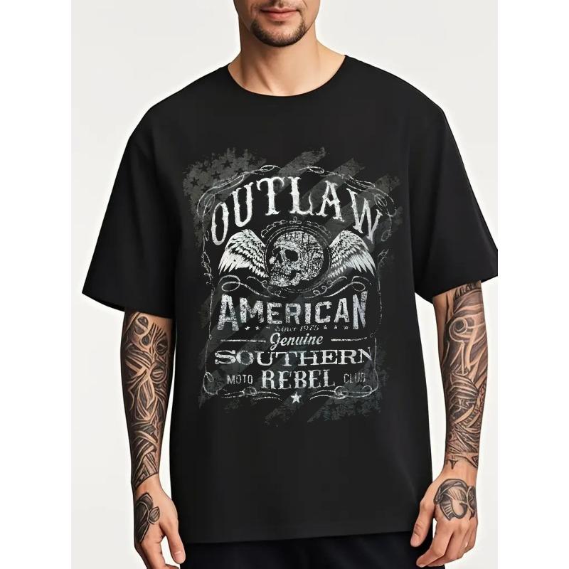 

European sizesBlack Men S Outlaw American Southern Rebel T-Shirt Durable, Comfortable & Versatile Crew Neck Tee With Skull & Wings Design 4XL