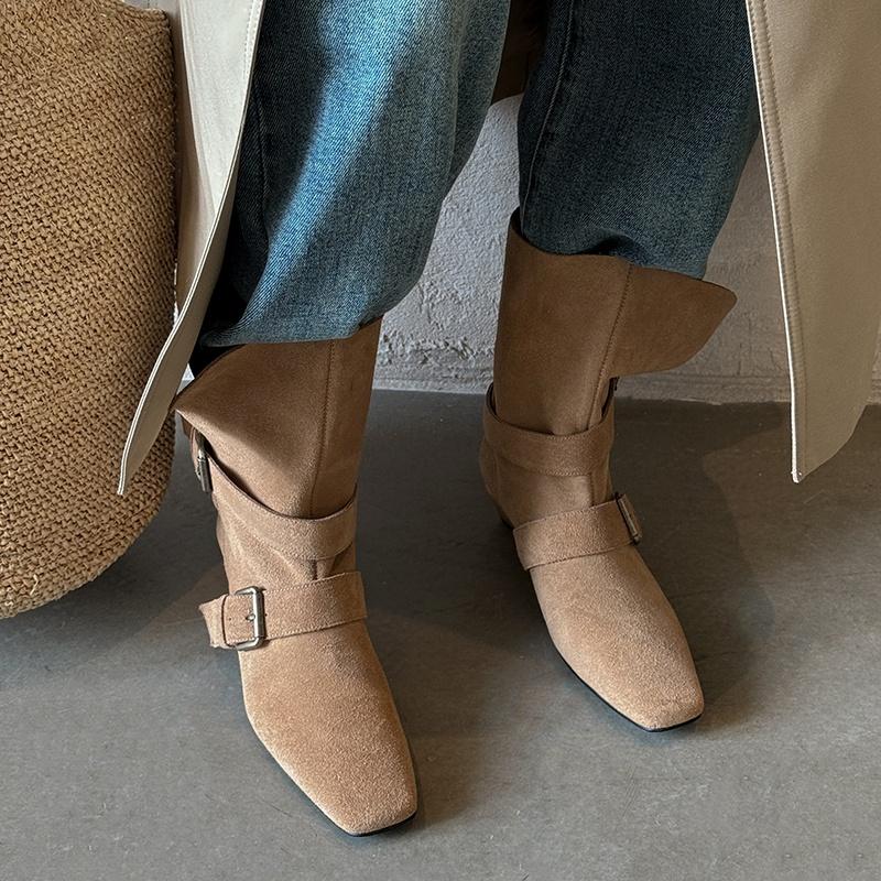 Fashion 2025 New Retro Women Cow Suede Calf Boots Western Boots Autumn Winter Square Toe Buckle Decoration Thick Heels Boots Women