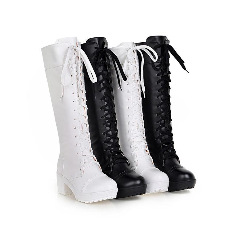 Long boots, women's new autumn and winter cos shoes, white, black, tall front lace-up Martin boots, medium heel women's boots.