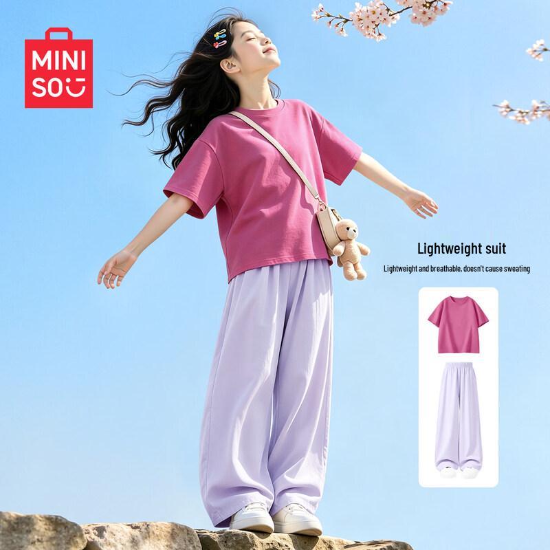 MINISO Girls 2026 Summer Cotton Casual Short Sleeve & Pants Set 120