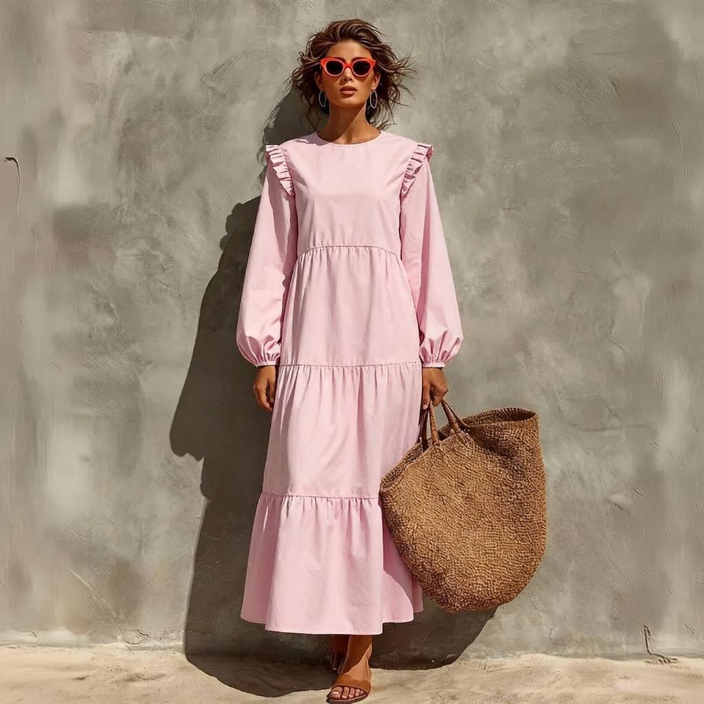 Women's Casual Long Sleeve Round Neck Loose Fit Color Dress for Everyday Wear