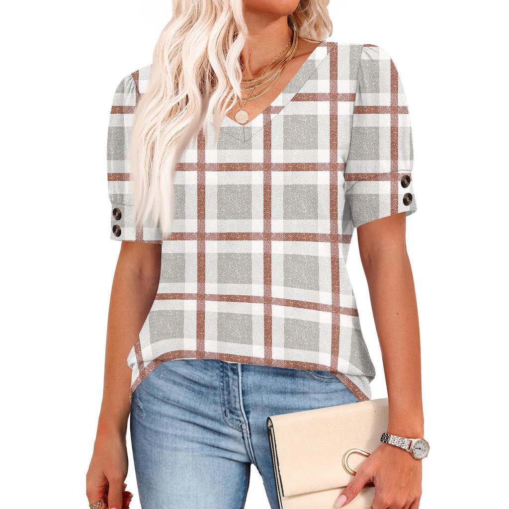 Womens Tops Short Sleeve Shirts Buttons V Neck  Fashion Outfits  Blouses  Casual