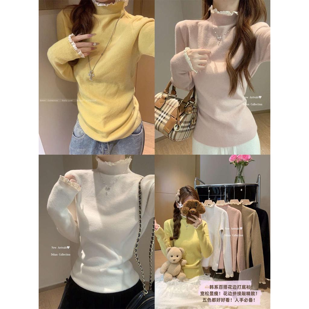 Autumn and Winter Lace Fungus Edge Semi-turtleneck Knitted Bottoming Shirt Women's Soft Waxy Sweater Temperament Simple Inner Top
