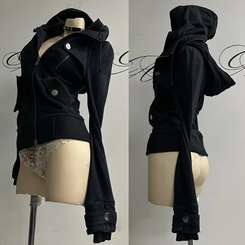 VAYLA Y2K Harajuku Gothic Damen Kapuzenpullover Sexy Schlank Schick Wildleder Pelzkragen Buchstabenprint Strickjacke Sweatshirt Ästhetisch Damen Streetwear