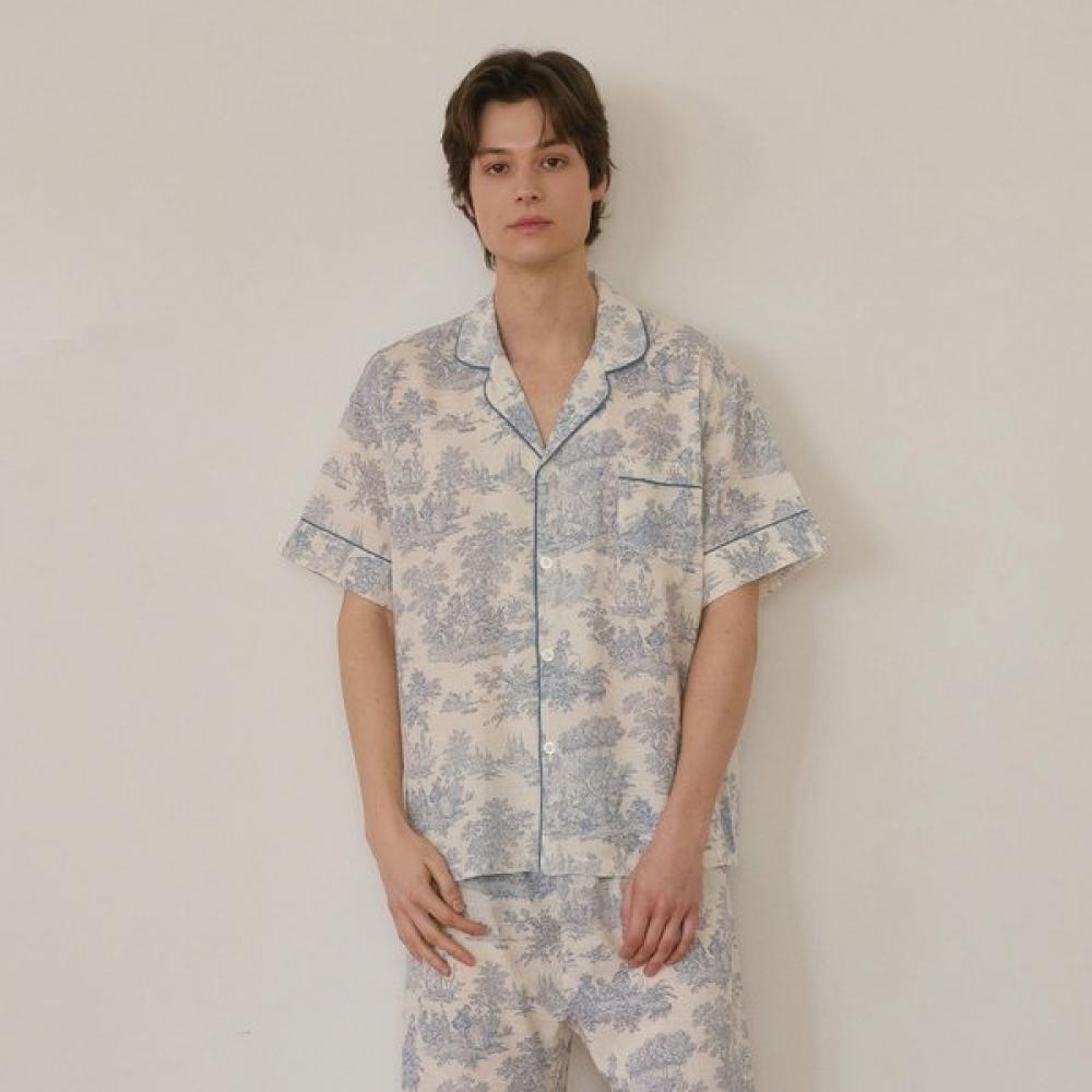 Lunaluz Men S Short Sleeve Collar Pajama Set Elize blue pattern/free
