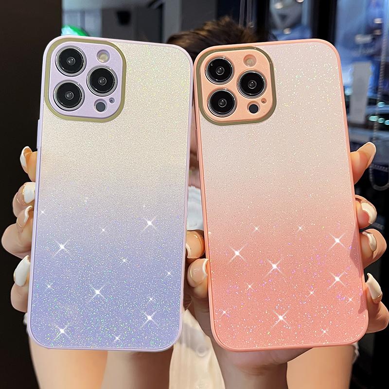 Shining Gradient Soft Silicone Phone Case For iPhone 15 14 13 12 11 Pro Max X XR XS Max 7 8 15 Plus Glitter Lens Camera Protection TPU Back Cover