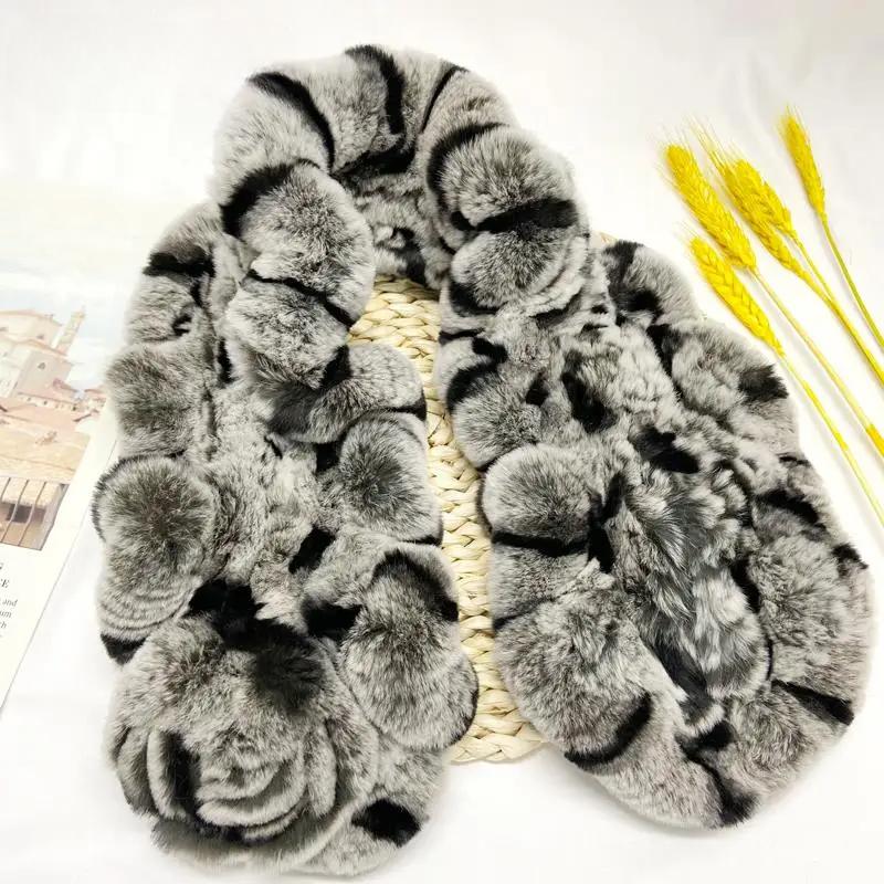 Natural Rabbit Fur Scarf Women Real Rex Neckwarmer Stylish Winter Warm Fashion Female Scarves Floral Shawls 65x12cm