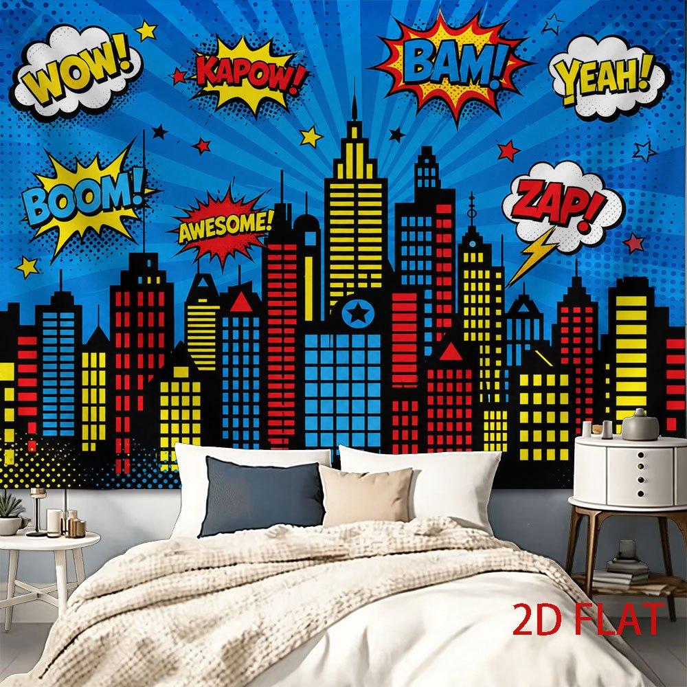 1pc Tapestry Comic Book Style Vibrant Cityscape Wall Hanging with Bold Action Words and Dynamic Pop Art Design
