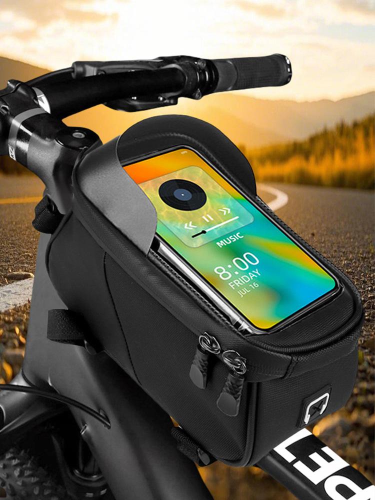 Bike Front Frame Bag Bike Phone Holder Bag Waterproof Bicycle Top Tube Bag Touch-Screen PU Bike Tube Bag Cycling Accessories