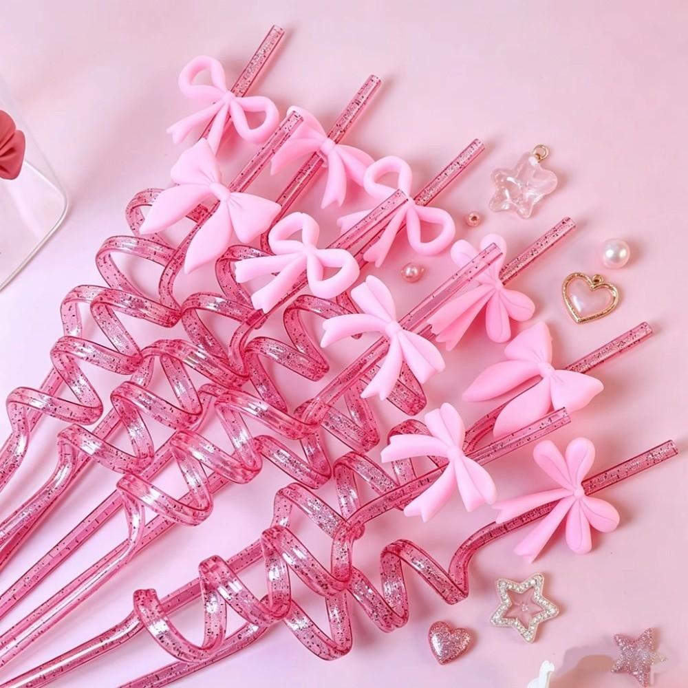 8pcs Shimmer Effect Pink Bow Straws Durable Material Sparkle Straws  Themed Events