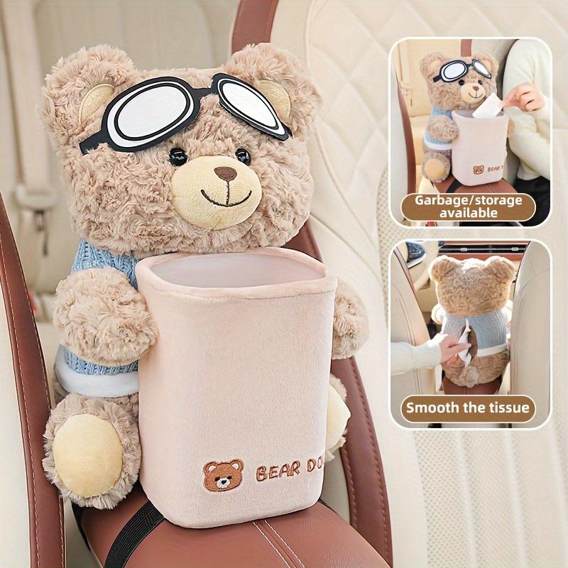 1Pc Cute Teddy Bear Car Tissue Holder & Trash Can 2-In-1 Organizer - Universal Car Armrest Storage Rack With Goggles Car Trash