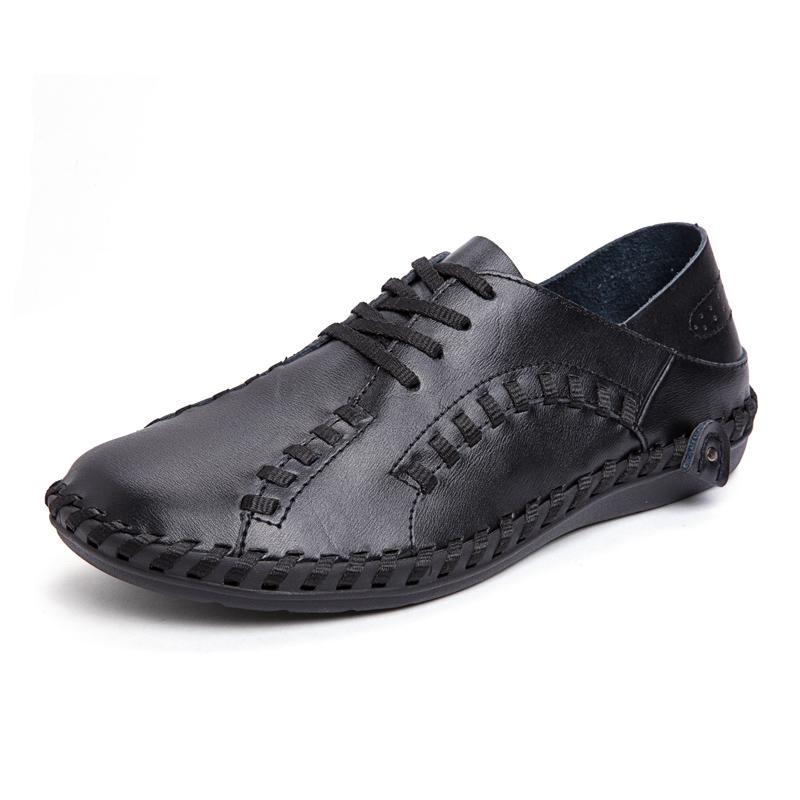 Men Handmade Loafers Retro Lace Up Solid Color Driving Flats Round Toe Anti-slip Thick Sole Lightweight Slip On Walking Shoes