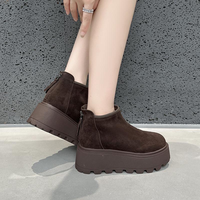 Cattle suede thick-soled short boots women's early autumn matte leather inner height increase women's boots soft leather Martin boots spring thin