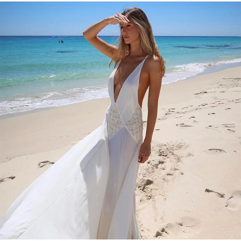 Women Elegant White Deep V Neck Sleeveless Maxi Dress Hollow Out Splicing Slim A-line Long Dresses 2026 Summer Beach Holiday Dress