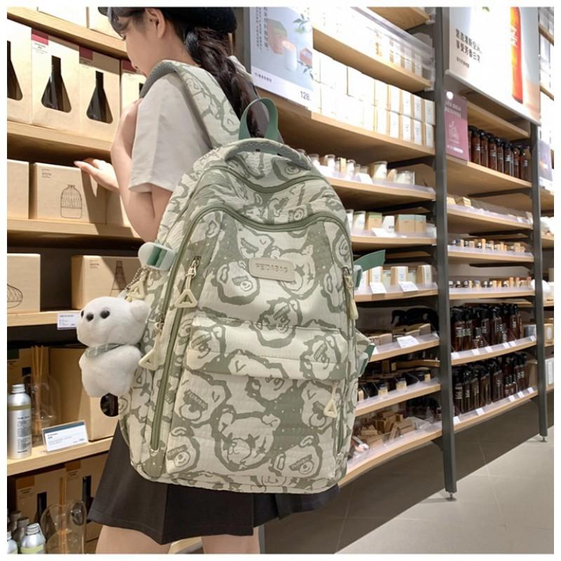 2024 New Backpack Bear Printed Schoolbag Female Junior High School Students Niche All-matching Computer Bag