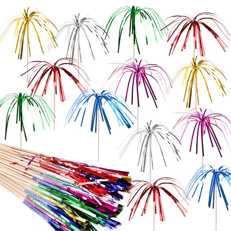 30/50Pcs Foil Fireworks Cocktail Picks Dessert Food Fruit Toothpick for Wedding Birthday Party Cake Topper Christmas Decoration