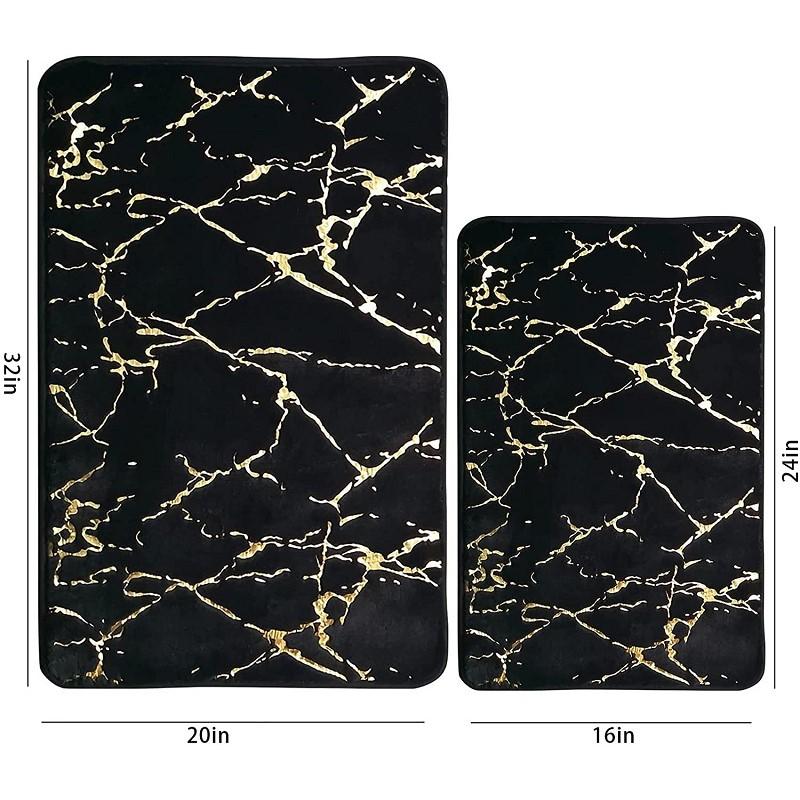 Inyahome Marble Bathroom Rugs Nonslip Black Gold Bathroom Mats Ultra Soft Washable Bath Mats for Bathroom Floor Mats Carpet