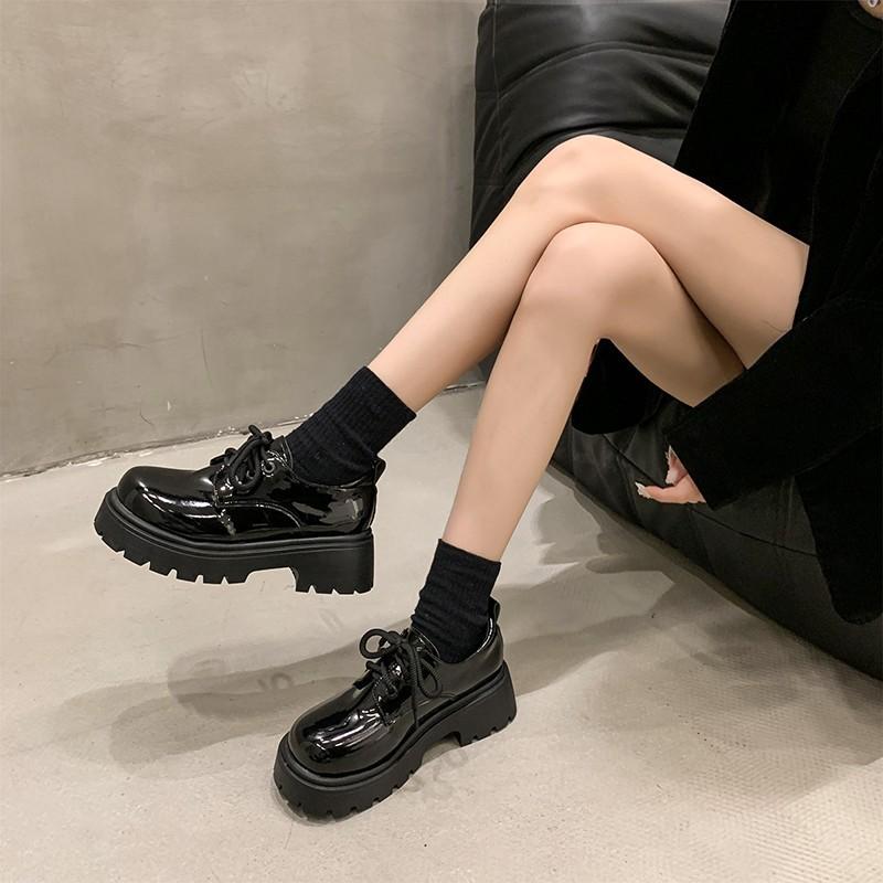 Round head retro British small leather shoes women's 2024 autumn new lace-up loafers college style muffin platform shoes