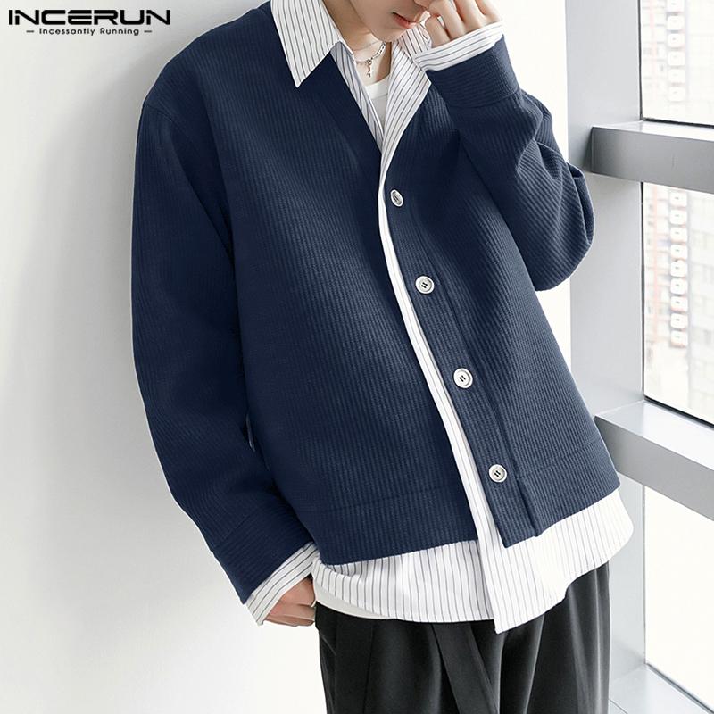 INCERUN Cămăși de Primăvară pentru Bărbați cu Guler Rever, Mânecă Lungă, Patchwork în Dungi, Nasturi, Topuri din Catifea Cord