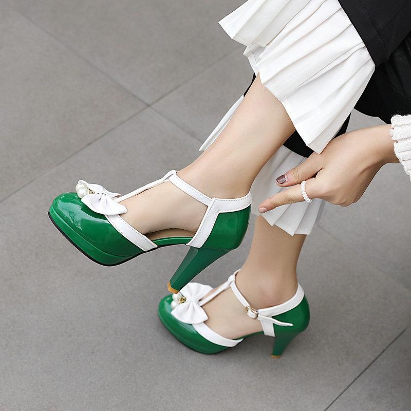 Plus Size32-46Girl Women High Heel Shoe Sandals Round Toe Heel Pumps Women Platform Pumps Pearl Bow Party Wedding Shoes T Strap