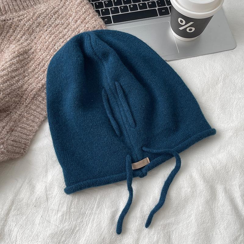 Wollstrickmütze für Damen im Herbst und Winter, Gesicht zeigend klein, gekräuselte Haufenmütze, warme Einengungsmütze, Ohrenschutz, graue Kaltwettermütze für Herren