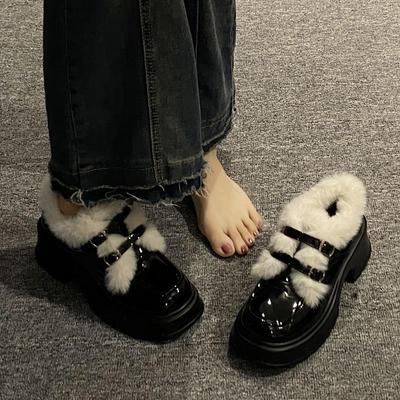Small Leather Shoes Winter Velvet Warm French High Heel Thick Heel French Platform Fluffy Shoes