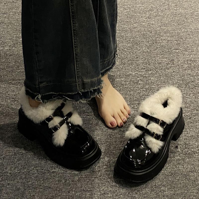 Little Leather Shoes for Women2025 New Winter Fashion Fleece Warm French High-heeled Women's Shoes,Thick-soled Loafers for Women