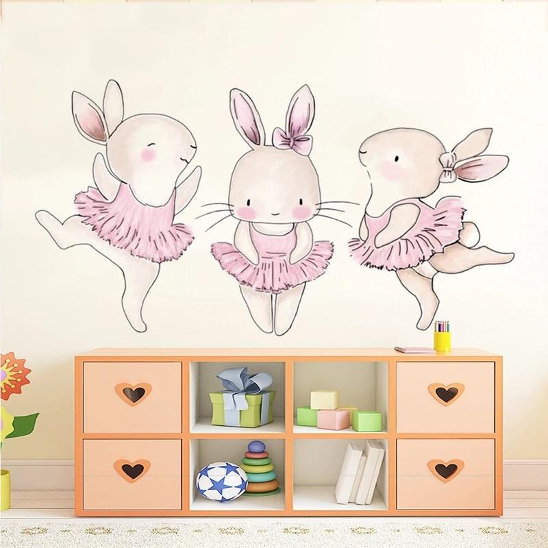 Karikatür Pembe Tavşan Bale Duvar Çıkartmaları Çocuk Odası Tavşan Ev Dekor Duvar Çıkartmaları Bebek Kreş Kız Odası Dekorasyon Poster