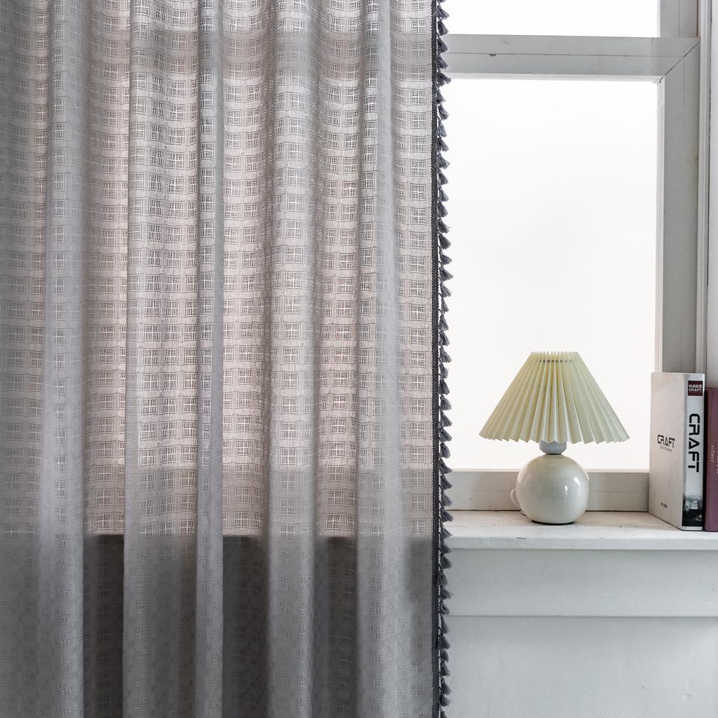 Finished Curtains, American Rural Fringed Window Screens, Solid Color, Gray, Simple Cotton And Linen Lattice