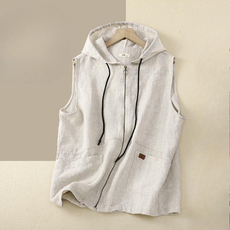 Women's Hooded Sleeveless Loose Casual Summer Cotton Linen Vest Waistcoat Jacket
